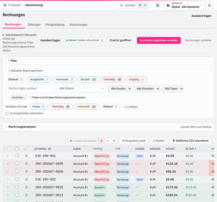 Abrechnung: Rechnungswarteschlange nach Status, Filter, Erstellung aus Abrechnungsläufen