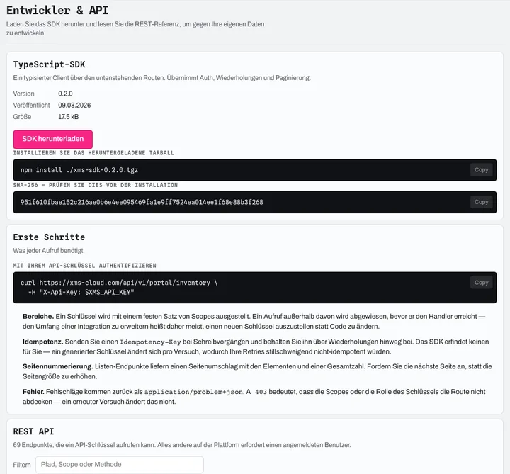 Entwicklerportal: versioniertes TypeScript-SDK (SHA-256-Fingerabdruck), Einstieg mit einem API-Schlüssel