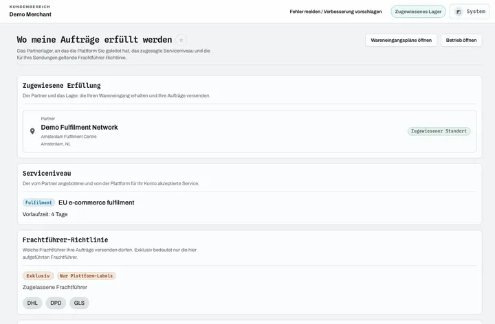 Fulfilment-Routing für Händler: zugewiesenes Lager, Servicelevel, Transporteur-Richtlinie und Vorschlag