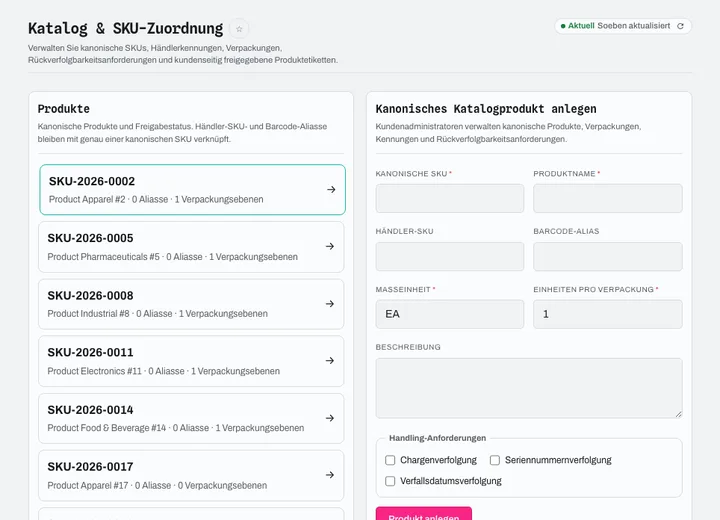 Katalogidentität, SKU-Zuordnung, Verpackung, Rückverfolgbarkeit