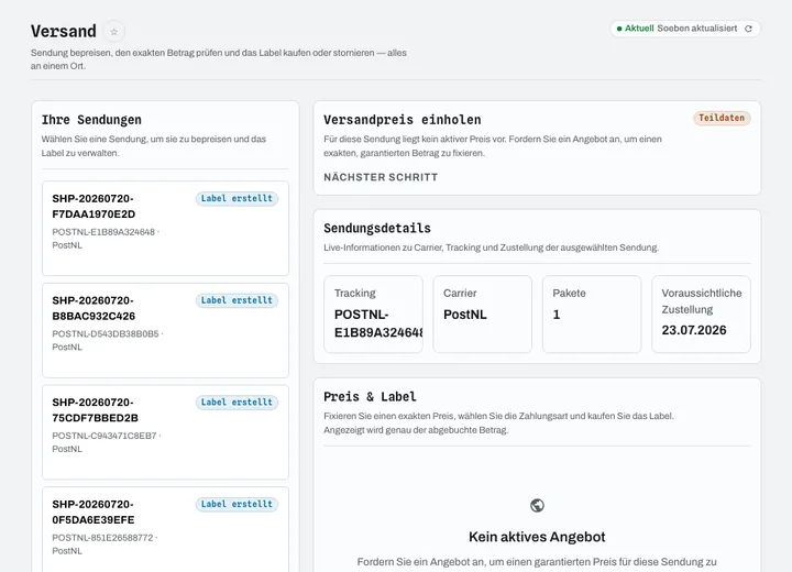 Sendungen, Sendungsdetail (Sendungsverfolgung, Spediteur, Pakete, voraussichtliche Lieferung), Preisanfrage und Etikettenkauf