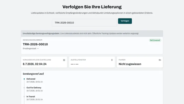Sendungsverfolgung für Empfänger: Status, Lieferfenster, Ereignisse des Spediteurs