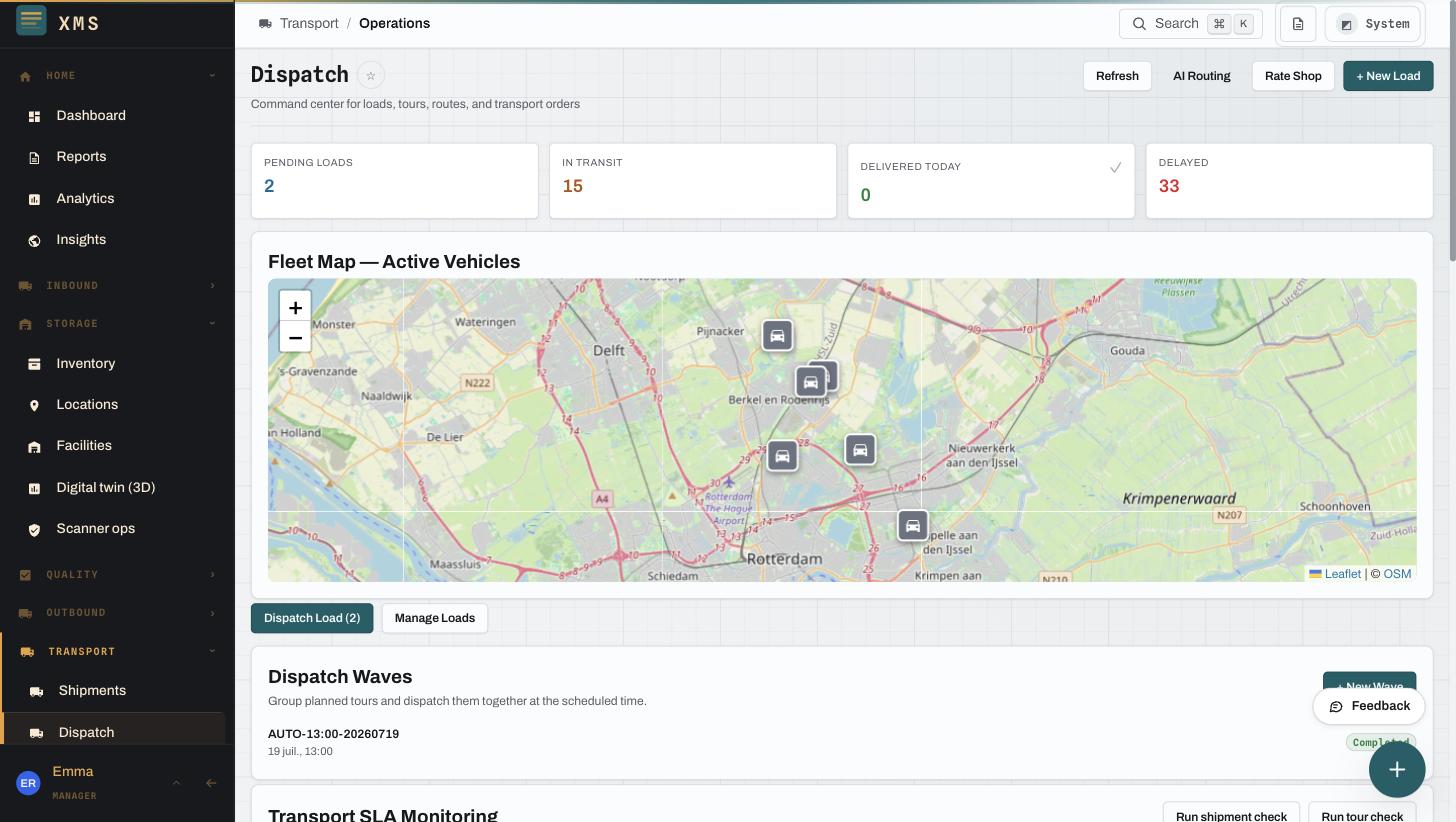 Transport dispatch workspace with active vehicles, load state, and delayed work