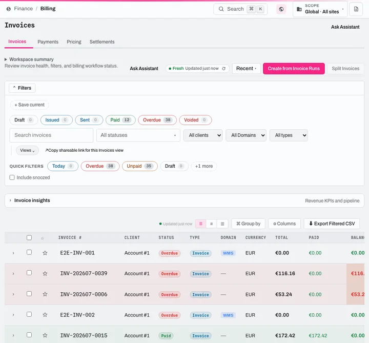 Billing: invoice queue by status, filters, generation from invoice runs
