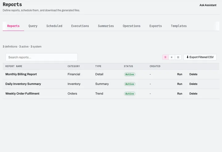 Cross-domain reports: billing, inventory, orders