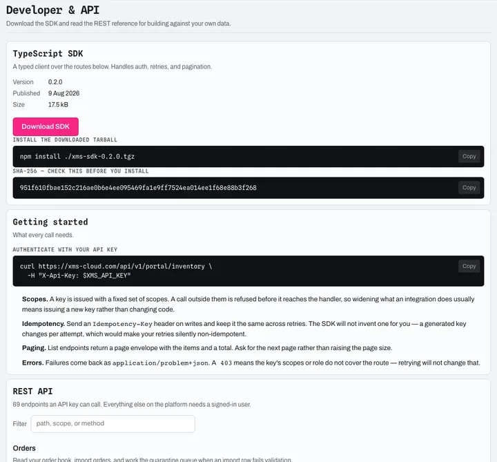 Developer portal: versioned TypeScript SDK (SHA-256 fingerprint), getting started with an API key