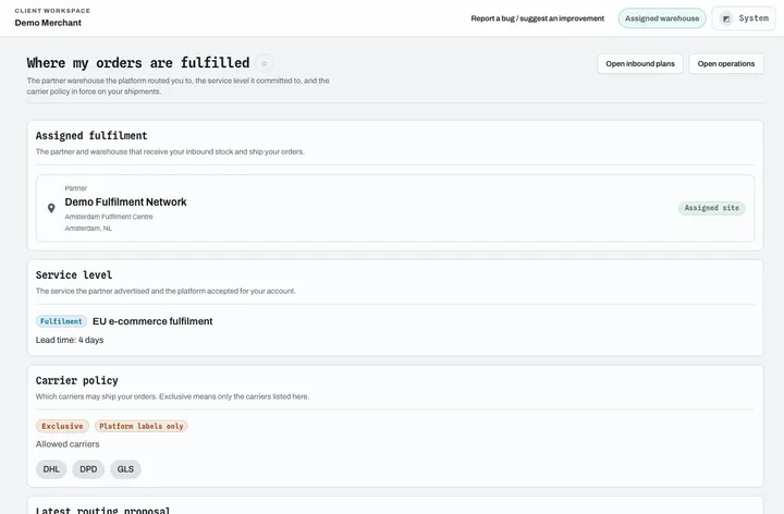 Merchant fulfilment routing: assigned warehouse, service level, carrier policy and proposal
