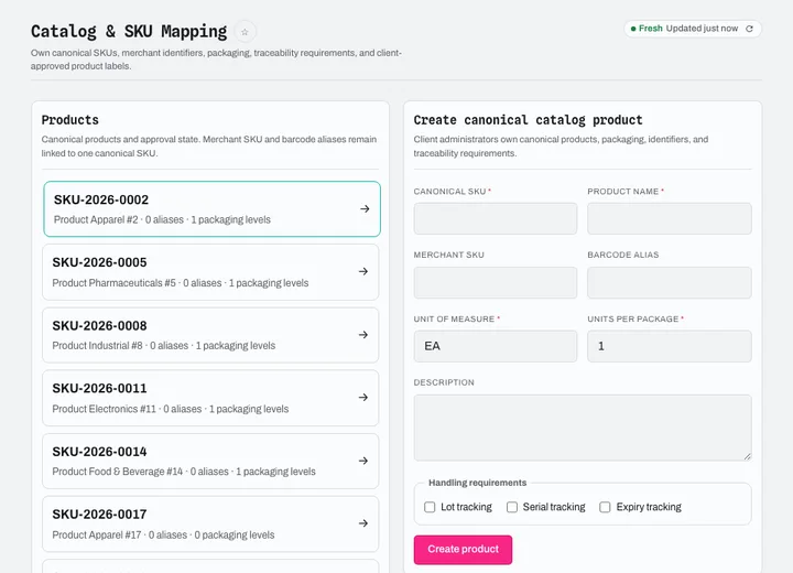 Catalog identity, SKU mapping, packaging, traceability