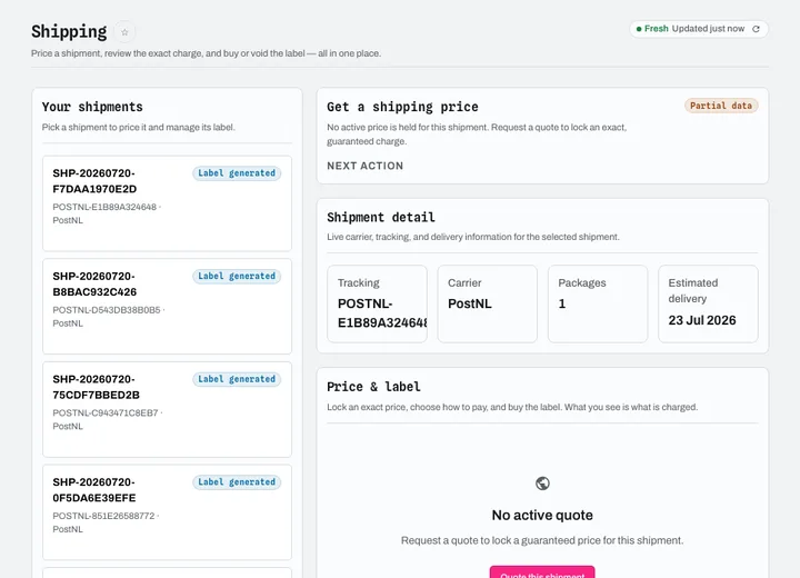 Shipments, shipment detail (tracking, carrier, packages, estimated delivery), price request and label purchase