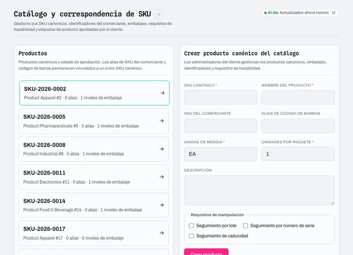 Identidad de catálogo, correspondencia de SKU, embalaje, trazabilidad