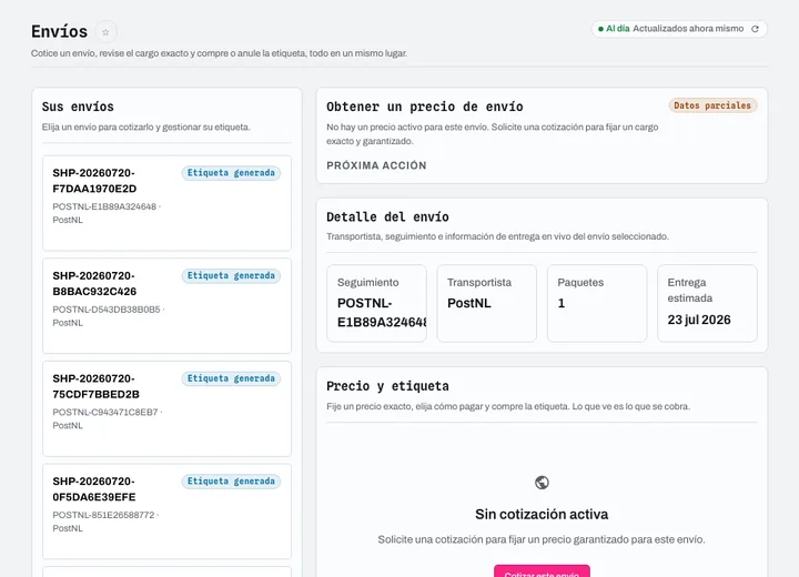 Envíos, detalle de un envío (seguimiento, transportista, paquetes, entrega estimada), solicitud de precio y compra de etiqueta