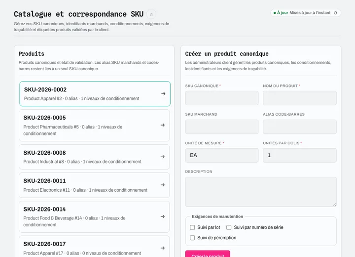 Identité catalogue, correspondance SKU, conditionnement, traçabilité