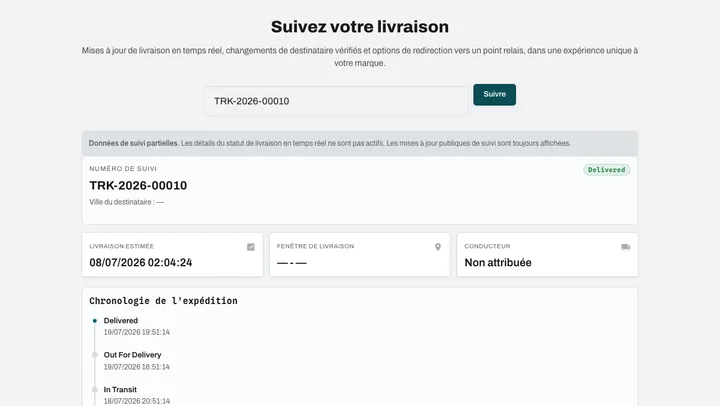 Suivi destinataire : statut, fenêtre de livraison, événements transporteur