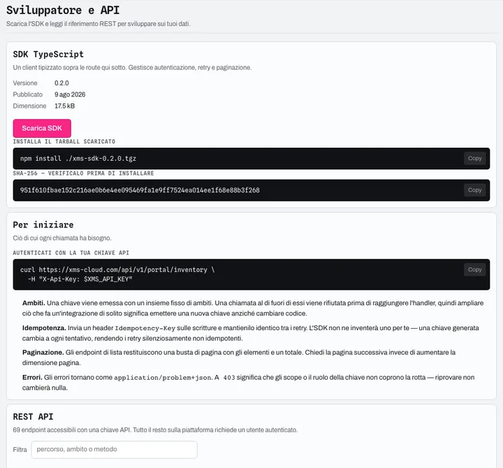 Portale sviluppatori: SDK TypeScript versionato (impronta SHA-256), avvio con una chiave API