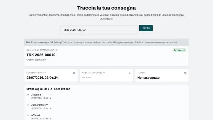 Tracciamento per il destinatario: stato, finestra di consegna, eventi del corriere