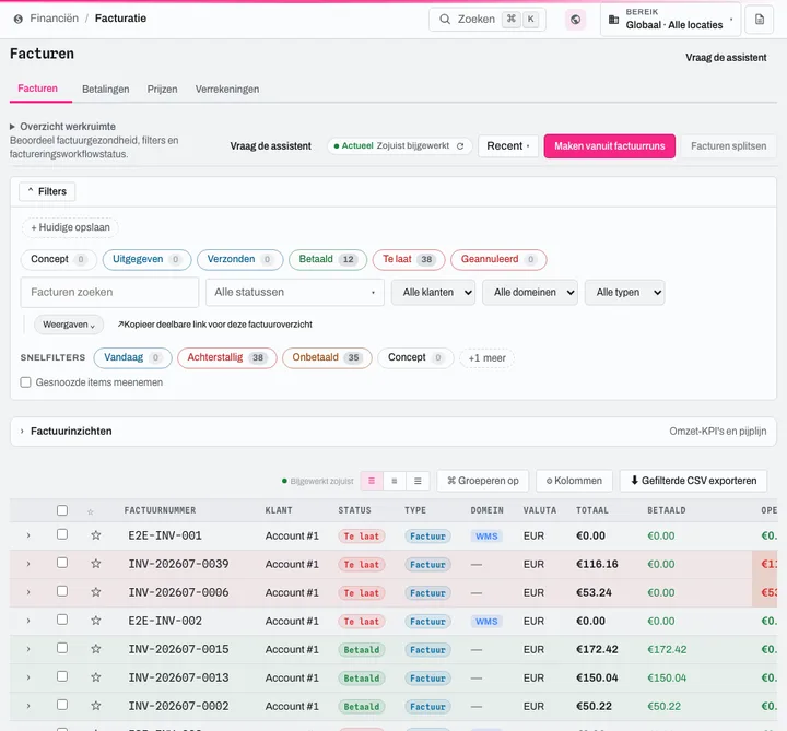 Facturatie: factuurwachtrij per status, filters, generatie vanuit factuurruns