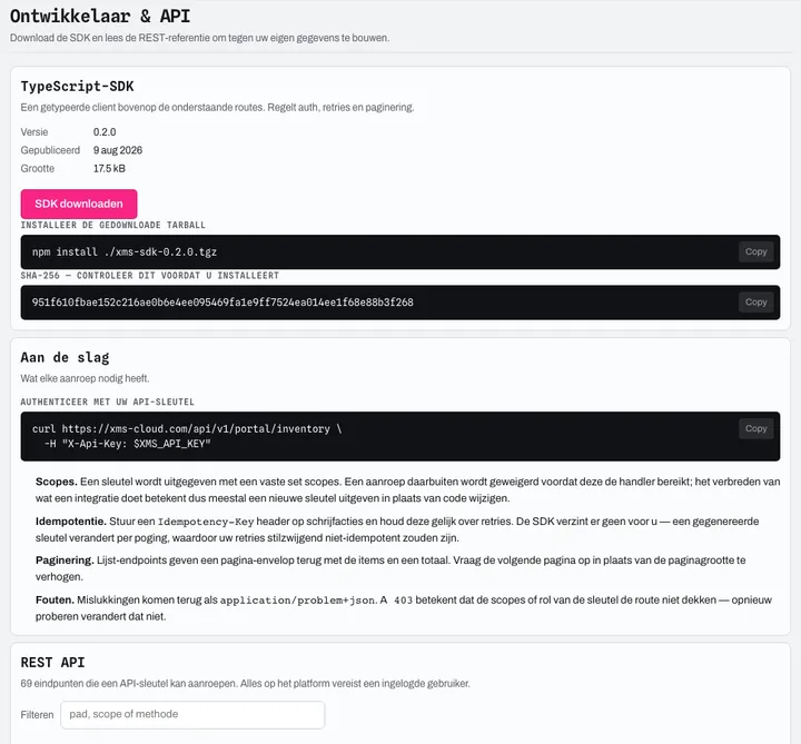 Ontwikkelaarsportaal: geversioneerde TypeScript-SDK (SHA-256-vingerafdruk), aan de slag met een API-sleutel