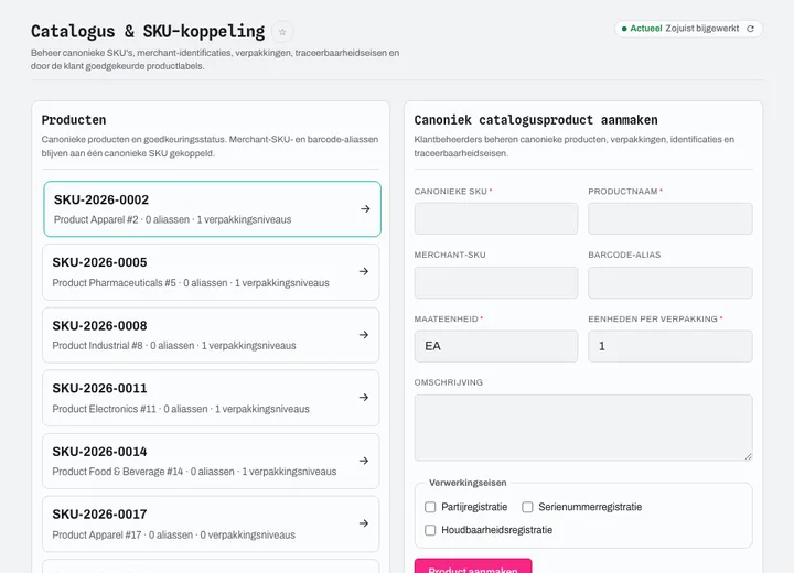 Catalogusidentiteit, SKU-koppeling, verpakking, traceerbaarheid