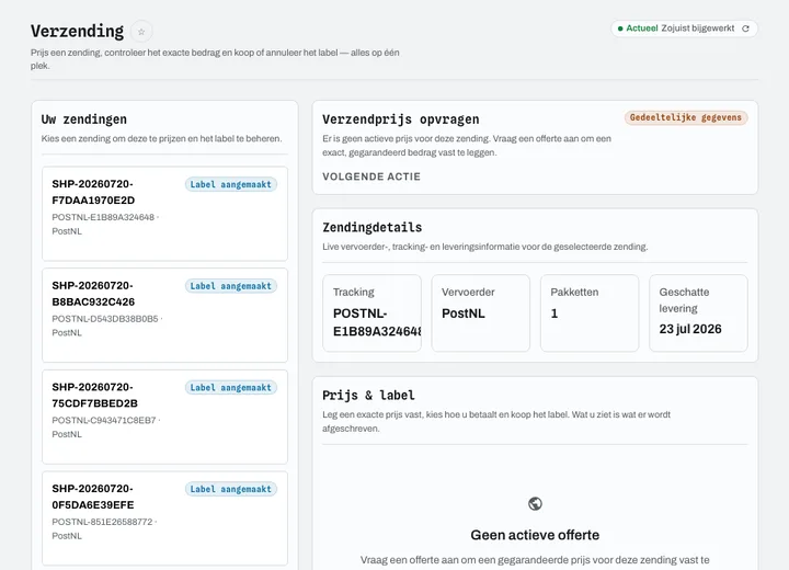 Zendingen, zendingsdetail (tracking, vervoerder, pakketten, verwachte levering), prijsaanvraag en labelaankoop