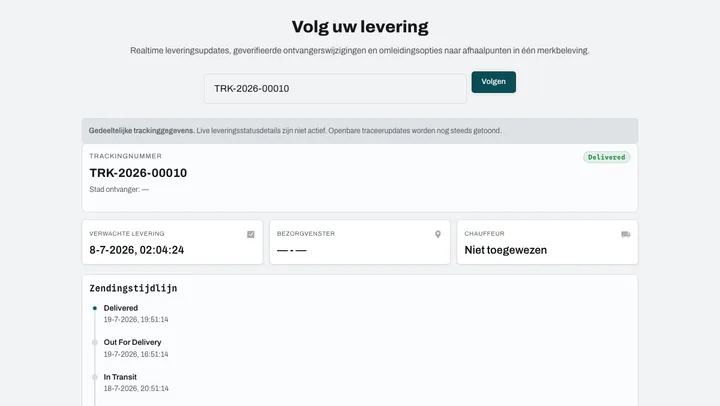 Tracking voor de ontvanger: status, leveringsvenster, vervoerdersgebeurtenissen