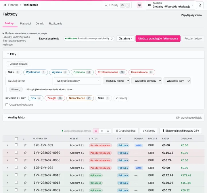Billing: invoice queue by status, filters, generation from invoice runs