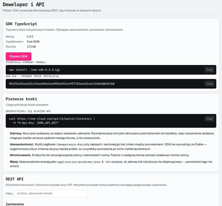 Developer portal: versioned TypeScript SDK (SHA-256 fingerprint), getting started with an API key