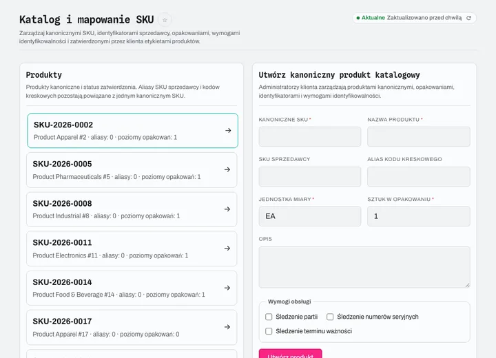 Catalog identity, SKU mapping, packaging, traceability
