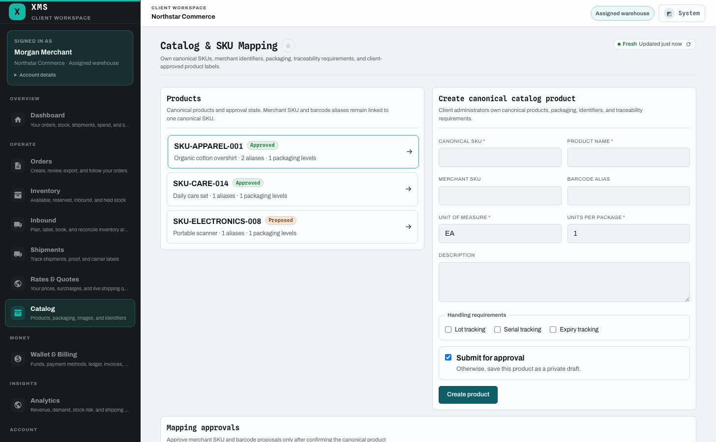 XMS Cloud client catalog showing canonical SKU, merchant mapping, packaging, traceability requirements, and approval state