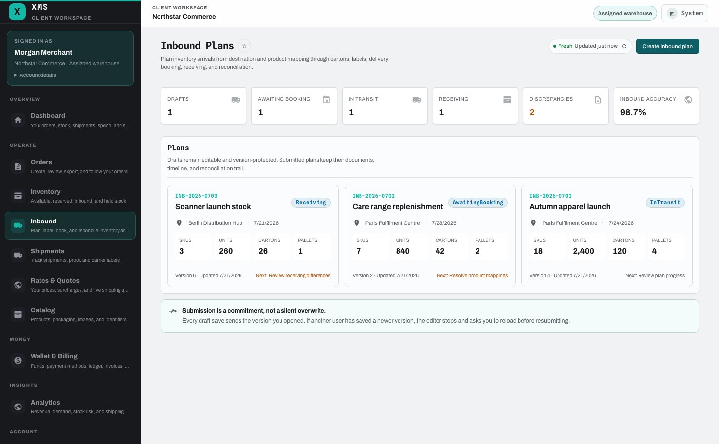 XMS Cloud client inbound plans with booking, in-transit, receiving, accuracy, discrepancy status, and next actions