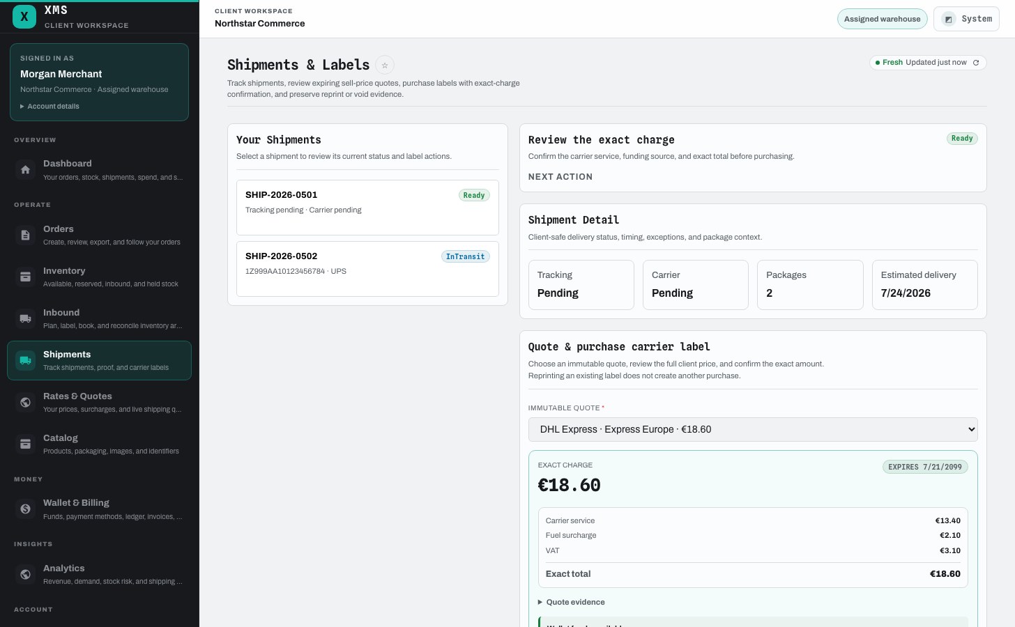 Client shipping workspace with quote, funding, and label purchase