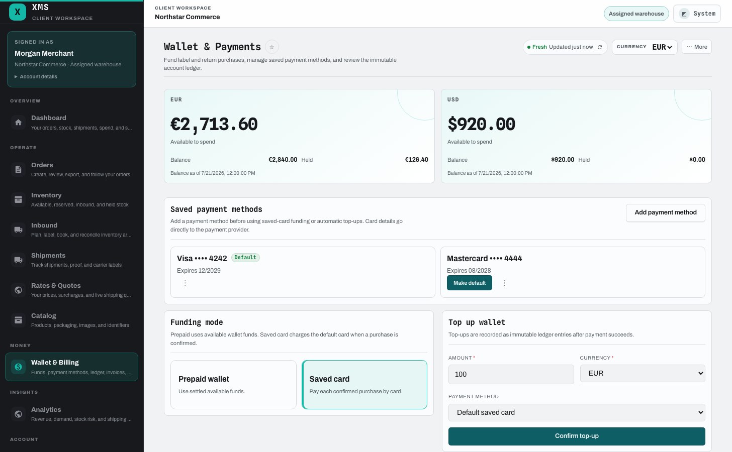 XMS Cloud client wallet showing EUR and USD balances, tokenized Visa and Mastercard payment methods, saved-card funding, and wallet top-up