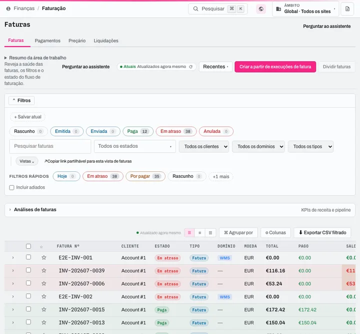 Billing: invoice queue by status, filters, generation from invoice runs