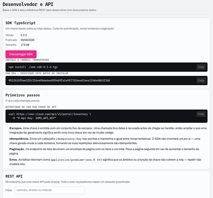 Developer portal: versioned TypeScript SDK (SHA-256 fingerprint), getting started with an API key