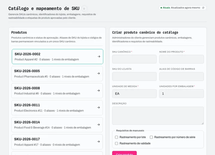 Catalog identity, SKU mapping, packaging, traceability