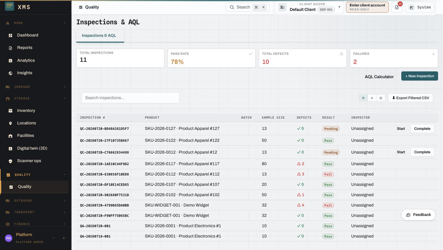 XMS Cloud quality inspection and AQL dashboard