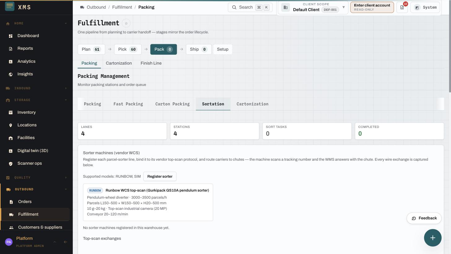 XMS Cloud sortation workspace with lanes, stations, sort tasks, and vendor WCS sorter registration